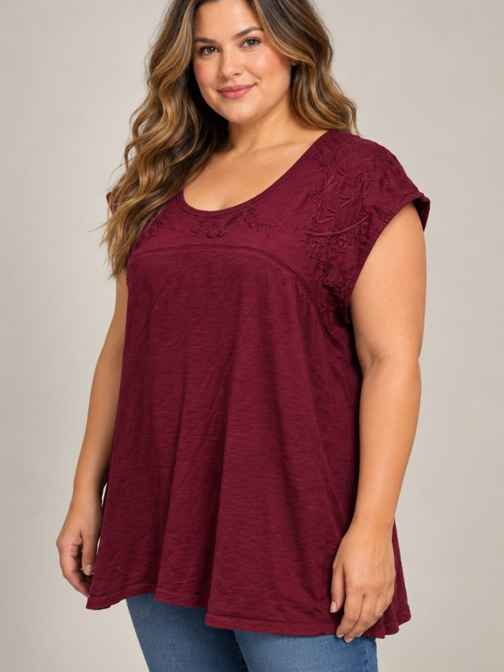 Eddie Bauer XL Burgundy Embroidered Floral Cotton Boho Tunic Top Cottagecore
